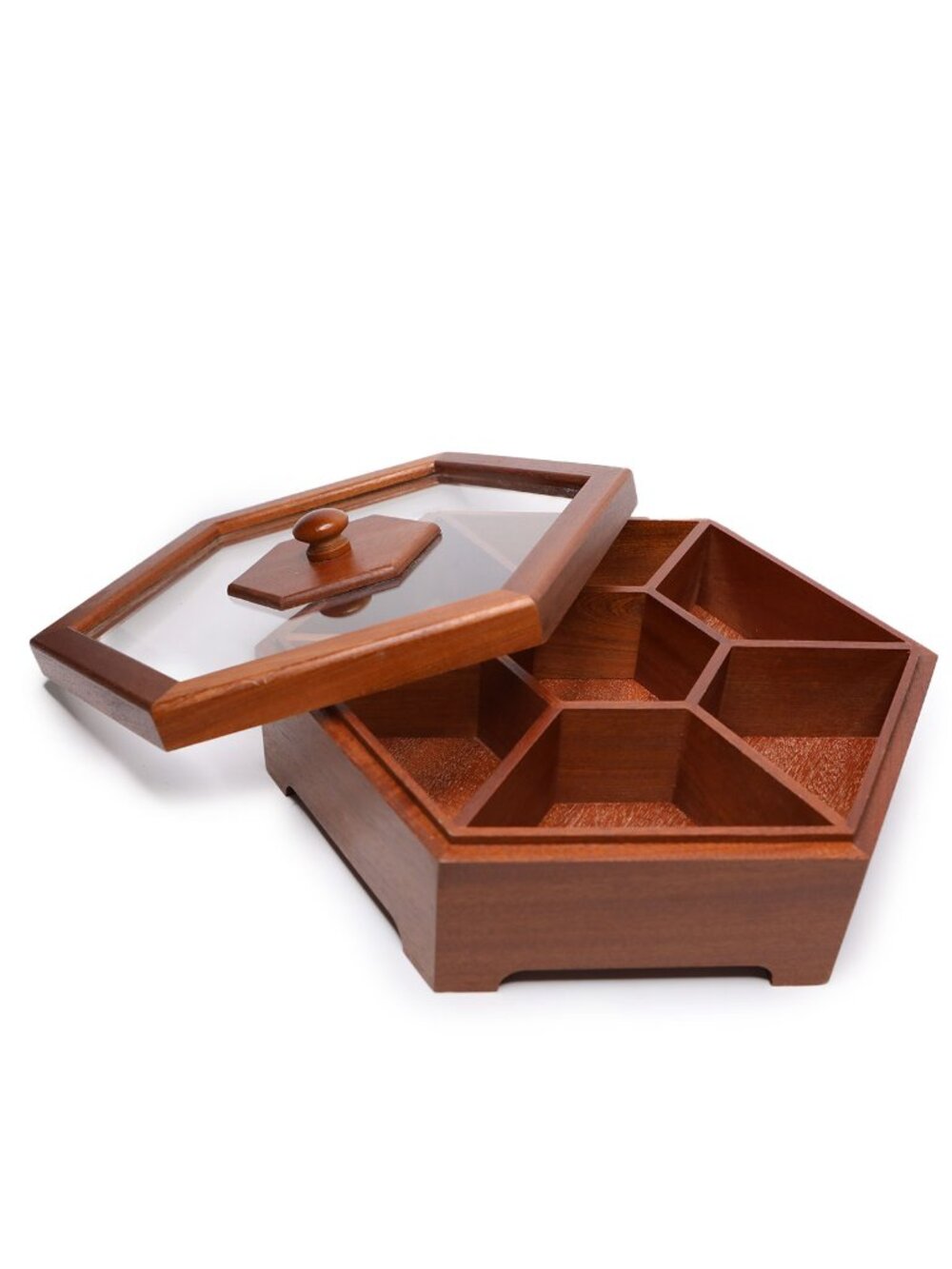 Hexagon Wooden Dried Fruit Candy Nut Snack Box 7 Compartment MCM Decor